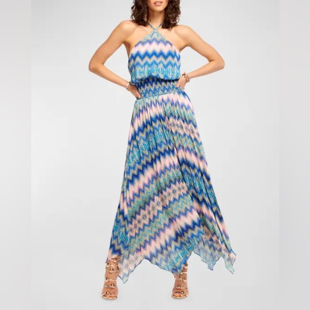 Ramy Brook Giana Handkerchief Hem Midi Dress in Spring Navy Chevron Print XS NWT